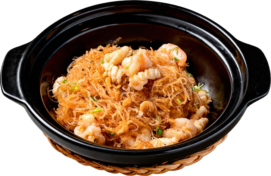 Seafood vermicelli with prawns and squid in a black claypot
