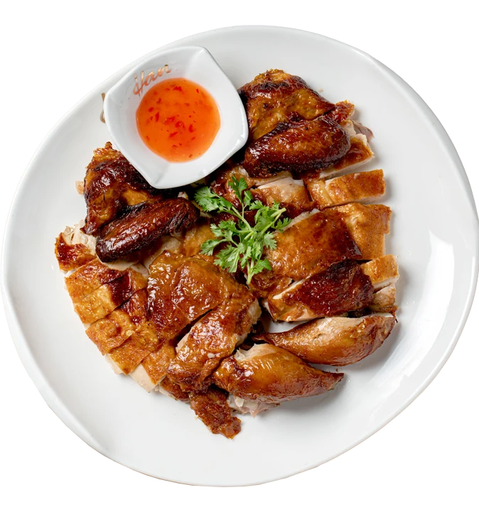 Golden Cantonese roast chicken with chili dipping sauce